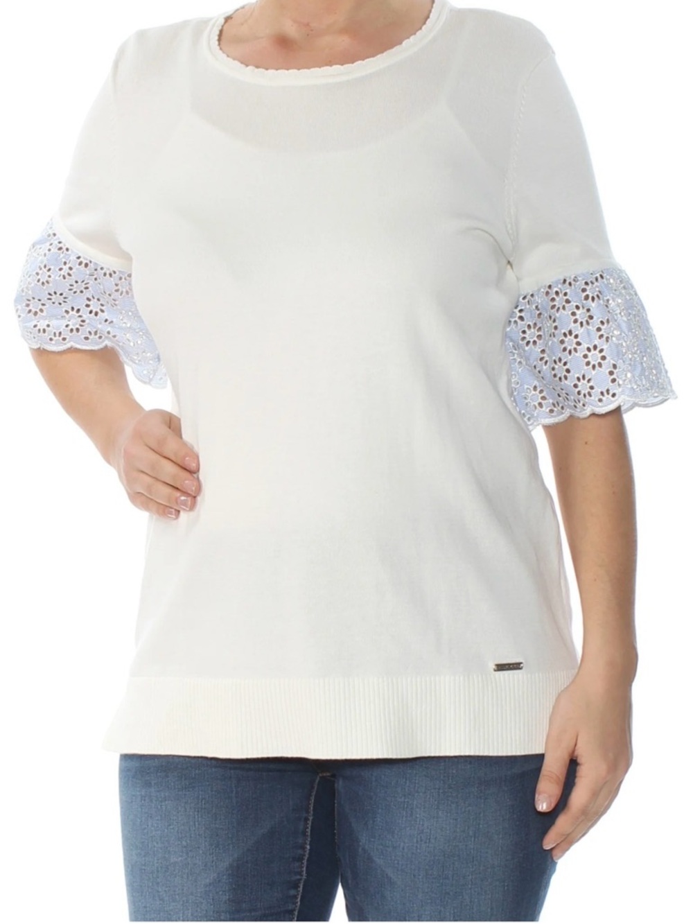 Tommy Hilfiger Botanical Garden Ivory Top with Eyelet Lace Sleeves